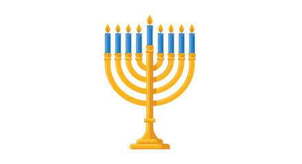 A radiant golden menorah, adorned with nine brightly burning blue candles, each casting a distinct blue flame, is positioned centrally on a pure white background.