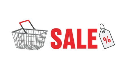 A wireframe shopping basket with a red handle, a large red SALE text, and a white percentage price tag are arranged on a white background.