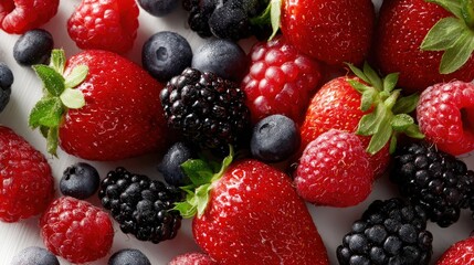 A vivid display of fresh strawberries, raspberries, blackberries, and white-backed blueberries, arranged in a way that showcases the richness of their colors and freshness against a white background