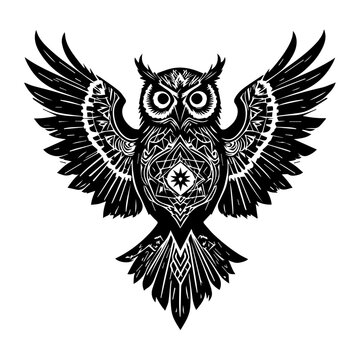 Sacred Owl Silhouette Ornamental Black and White Vector Art 3