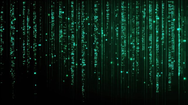 Abstract digital matrix background featuring vertical green lines and glowing particles, perfect for technology themes, sci-fi designs, and futuristic concepts in media or web design