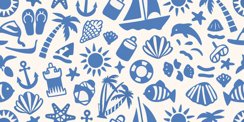 Blue nautical themed pattern with various sea life and beach elements © BelaRani
