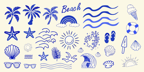 Blue beach themed doodles featuring palm trees waves and summer accessories © BelaRani