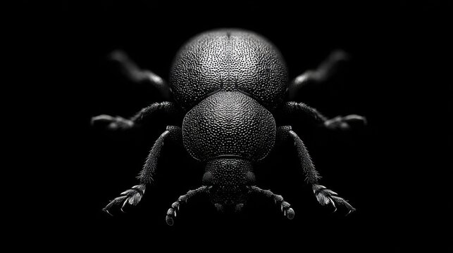 Black and White Macro Image of a Intricate Beetle with Detailed Texture and Features Against a Dark Background for Nature or Science Projects