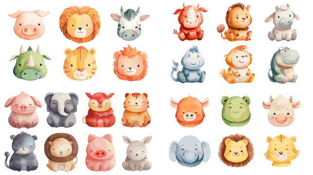 Cute watercolor farm and wild animal faces collection with soft pastel colors. Adorable hand painted character set for nursery prints, children books, stickers and baby decor.