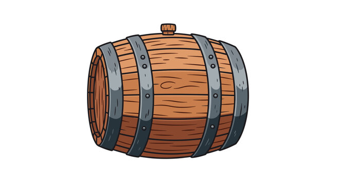 A cartoonish wooden barrel with metal bands and a stopper is depicted lying horizontally on its side against a white background.