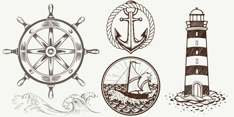 Nautical themed sketches including a ship s wheel anchor and lighthouse © BelaRani