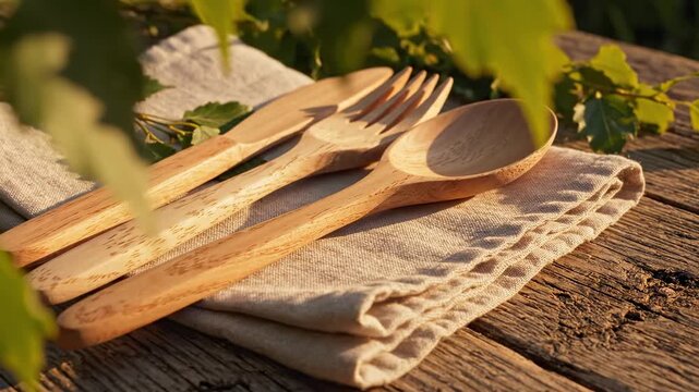 Sunlit wooden cutlery on rustic table in natural setting emphasizing ecofriendly dining