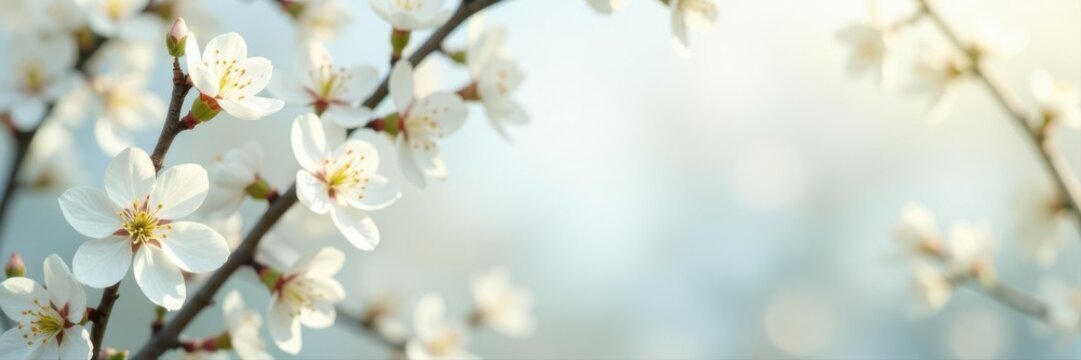 Delicate white blossoms frame empty space, soft spring border , soft, white blossom