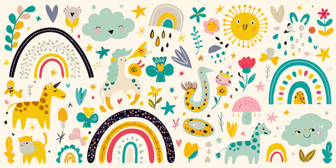Whimsical illustration of colorful animals rainbows and playful botanical elements © BelaRani