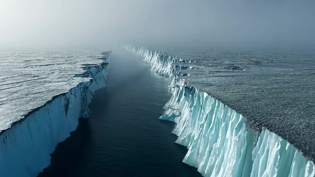 Majestic Glacier Edge with Calm Water and Foggy Atmosphere
