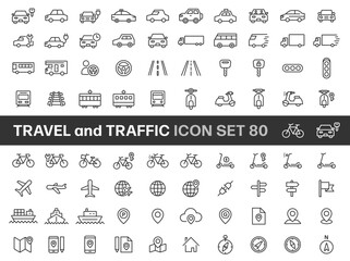 Vehicles, Transportation and Travel Line Art Icon Set (80 Items)