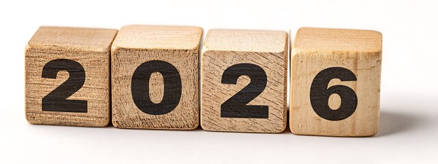 Transitioning from 2025 to 2026 with wooden blocks symbolizing target business for the upcoming year. This represents planning, investment, and innovation as ideas move from the end of 2025 new year