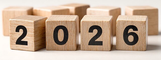 Transitioning from 2025 to 2026 with wooden blocks symbolizing target business for the upcoming year. This represents planning, investment, and innovation as ideas move from the end of 2025 new year