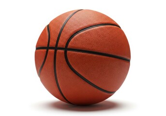 Fototapeta premium Orange basketball with black seams resting on a white surface against a bright background