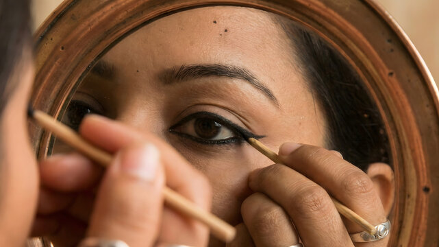 A close-up reflection in a polished bronze mirror of a woman applying kohl to her eyes with a small stick