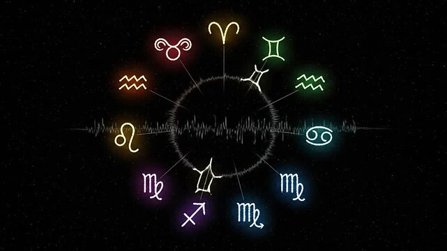 Vibrant neon glowing zodiac signs forming an astrological wheel on a dark, starry cosmic background, representing destiny and spirituality.