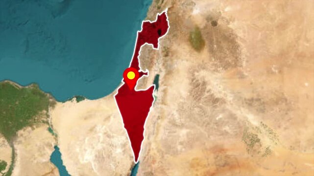 Israel map animation with location pin marker, highlighted country outline, Middle East geographic region infographic, political world map design