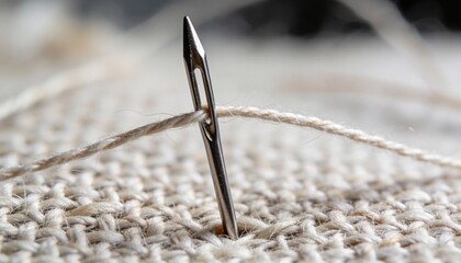 Close-up of a sewing needle threaded with beige thread piercing through textured fabric with visible stitches, detailed macro shot showing sewing process and craftsmanship