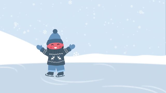 Hello Winter Animation. Happy Little Boy in Winter Clothes Skating. Child Have Fun Outside under Snowing. Happy Baby Boy. Video in Blue, White