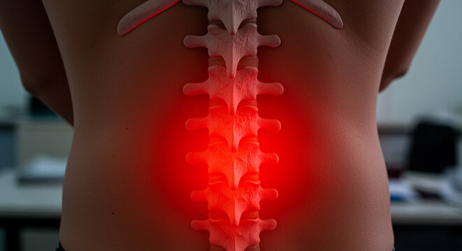 Human spine glowing red to represent pain and inflammation in lower back area of person