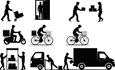 Courier delivery service silhouettes with bicycle, scooter, van and package handling workers, logistics transportation vector illustration set isolated on white