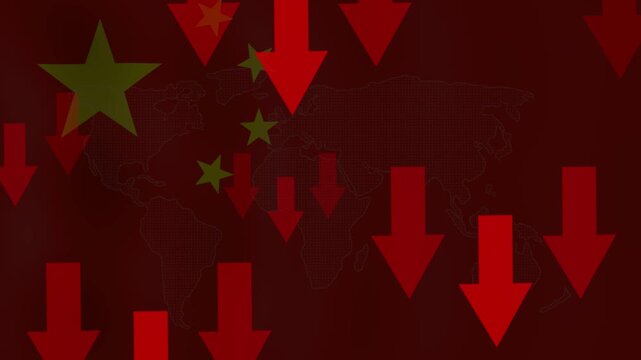 The dramatic image showcases a visual representation of declining economic trends, with cascading downward arrows superimposed over the a country's map and iconic symbols.