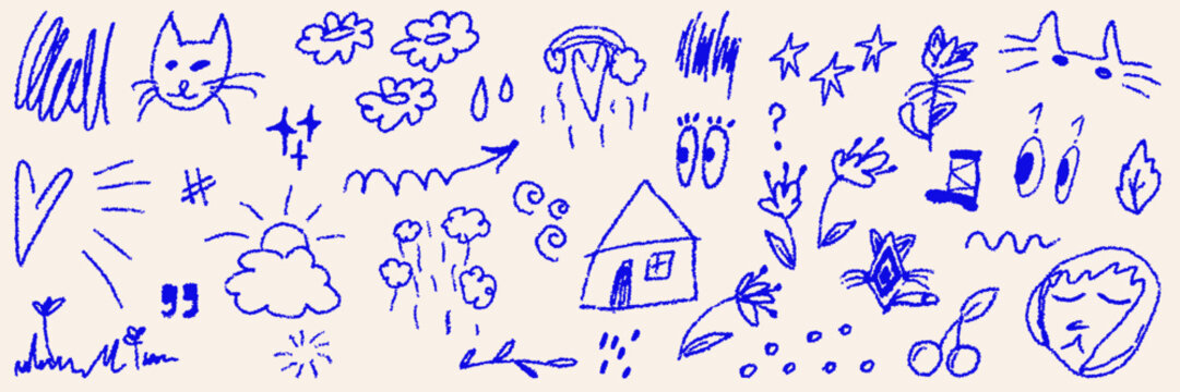 Hand drawn doodle asset pack. Charcoal crayon scribble shape and elements. Kid drawing naive vector collection