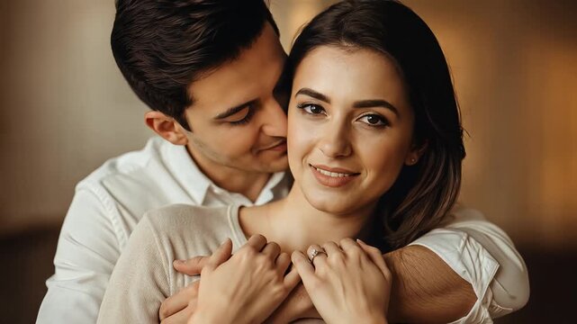 romantic couple embrace from behind in warm lighting