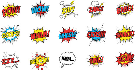 Comic book sound effects collection pop art style vector illustration set colorful explosion speech bubbles retro design background graphic pack © Tohidul