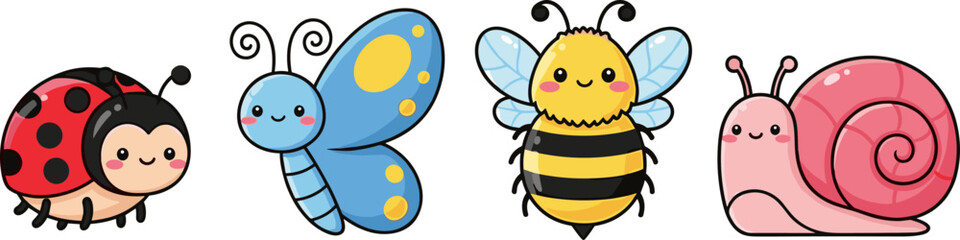 cute cartoon insect collection, ladybug butterfly bee snail characters, colorful vector illustration, kids mascot design, isolated set © Tohidul