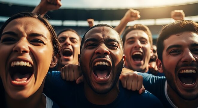 Diverse sports fans cheer passionately with open mouths at stadium. Diverse fans celebrating football match in 2026 soccer world championship.