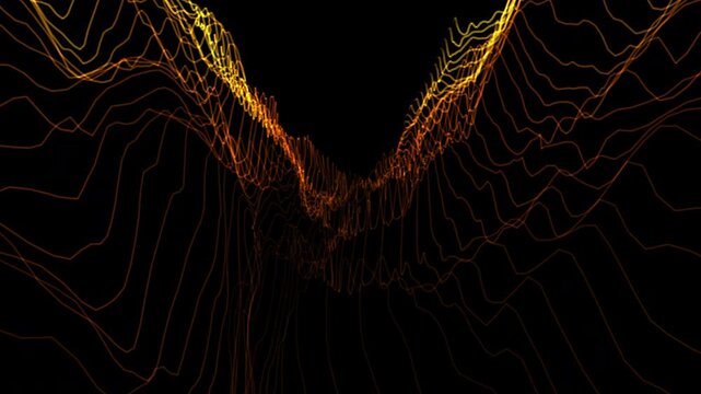 Seamless 4K procedural VJ loop descending through a fluid topographic data trench in liquid gold and pure obsidian. Ideal for Resolume, stage design, luxury tech launches, and projection mapping.