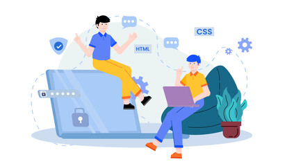 IT professionals working on a large laptop screen with security locks and code bubbles to implement software security patches