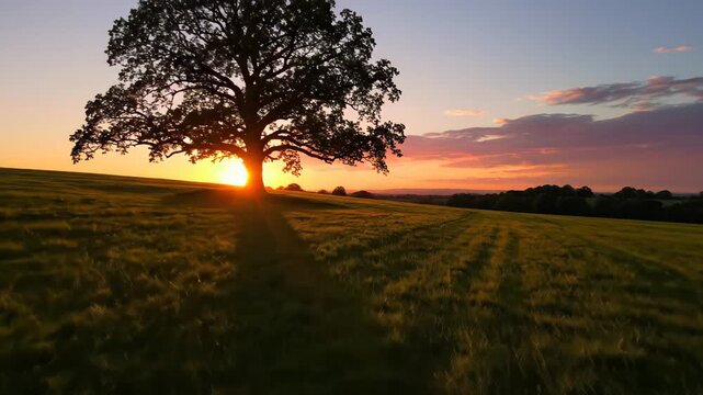 Majestic sunset over lone tree on rolling fields captured in golden hour