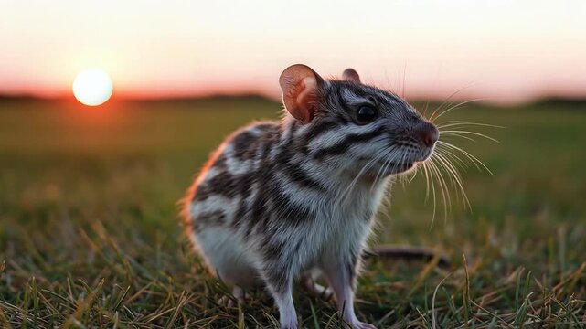 striped chipmunk at golden hour sunset in grassy meadow