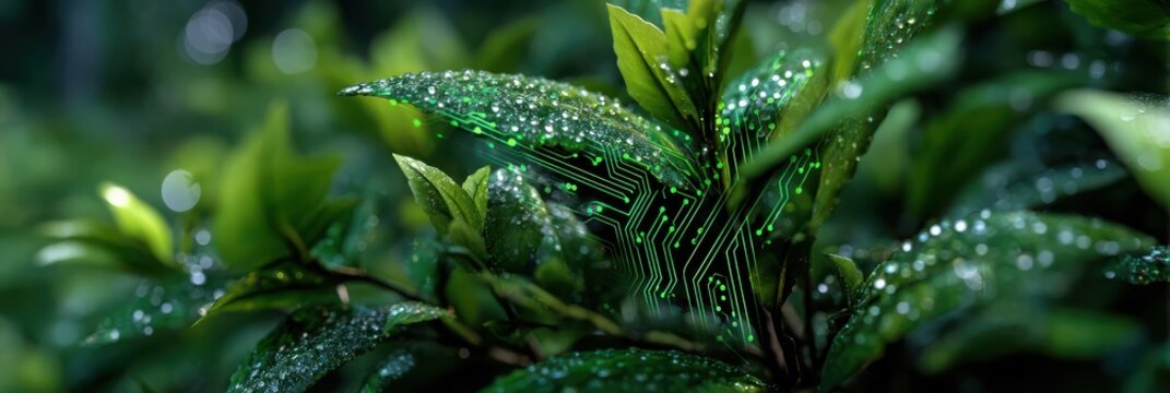 Green leaves covered in water droplets with a digital circuit pattern overlay, blending nature and technology.