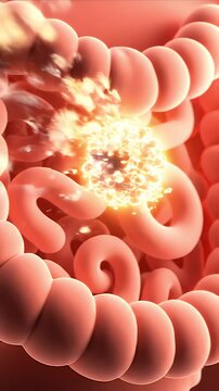 CGI visualization of serotonin production concept in the gut depicting a glowing microbial sphere surrounded by intestinal structures with a vibrant orange and pink color palette and soft ambient