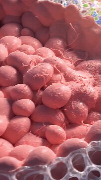 CGI Visualization of Scaffold Assisted Tissue Regeneration and Cell Growth with Blue and Green Molecules on a Dark Background, Medical Education and Research