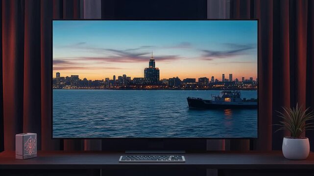 tv on living room shelf shows city skyline at sunset over water