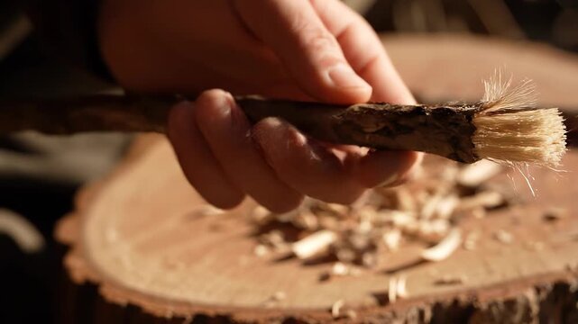 Close-up of Hands Carving Traditional Miswak Toothbrush with Knife