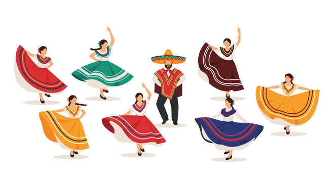 Eight individuals, including seven women and one man, are gracefully performing traditional Mexican folk dances in vibrant, flowing costumes on a light background.