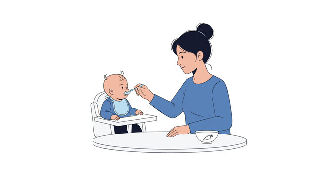 A smiling mother in a blue top is gently spoon-feeding a baby wearing a bib, seated in a white high chair at a round table.