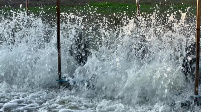 Powerful Water Splash from Paddle Wheel Aerator in Aquaculture Pond Close Up