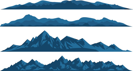 Blue Mountain Range Landscape Set Isolated on White Background, Layered Hills and Peaks Panorama Nature Illustration Collection for Design