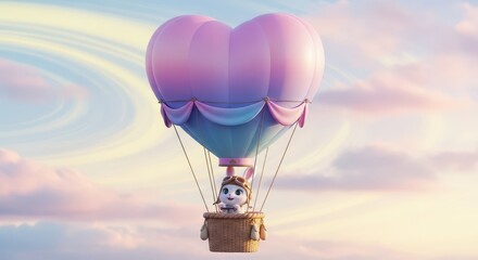 Adorable stylized rabbit character pilots a heart shaped hot air balloon across a pastel sky
