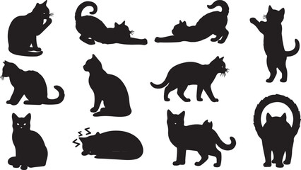 A versatile set of black cat silhouettes featuring various feline poses including stretching, sitting, walking, sleeping, and playful Halloween-style characters. © crea8ive