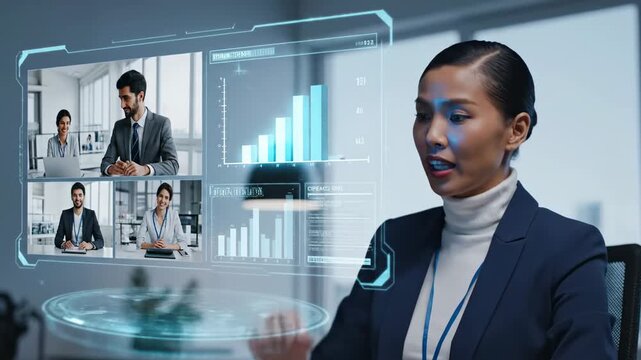 Businesswoman Interacting With Futuristic Holographic Display Showing Virtual Meeting and Financial Data