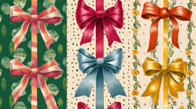 Retro Christmas Illustration with Shiny Ribbon Bows Pattern