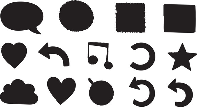 A collection of bold, hand-drawn solid black icons and silhouettes, featuring hearts, stars, arrows, and speech bubbles with a charmingly imperfect, DIY aesthetic.